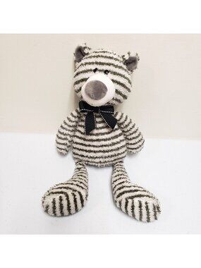 GUND Zag Striped Teddy Bear Plush Toy 15" Gray & White with Bow Stuffed Animal
